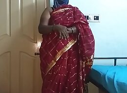 desi  indian tamil telugu kannada malayalam hindi horny cheating wife vanitha wearing cherry red colour saree showing big boobs and shaved pussy press hard boobs press nip rubbing pussy masturbation